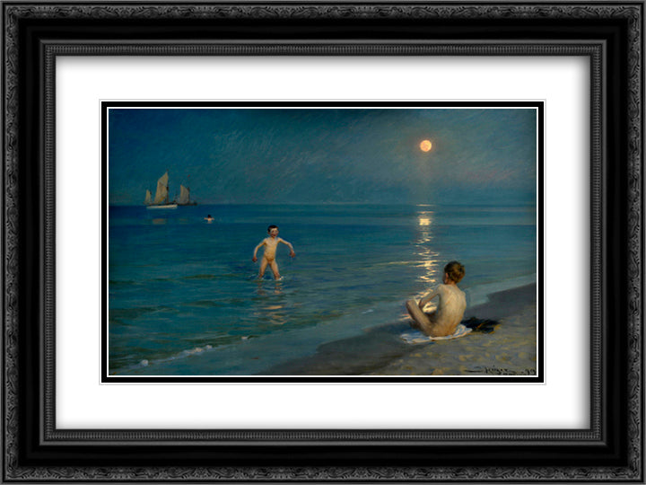 Boys Bathing at Skagen, Summer Evening 24x18 Black Ornate Wood Framed Art Print Poster with Double Matting by Kroyer, Peder Severin