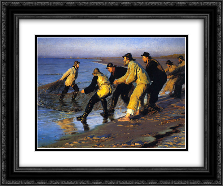 Fishermen Hauling the Net on Skagen's North Beach 24x20 Black Ornate Wood Framed Art Print Poster with Double Matting by Kroyer, Peder Severin