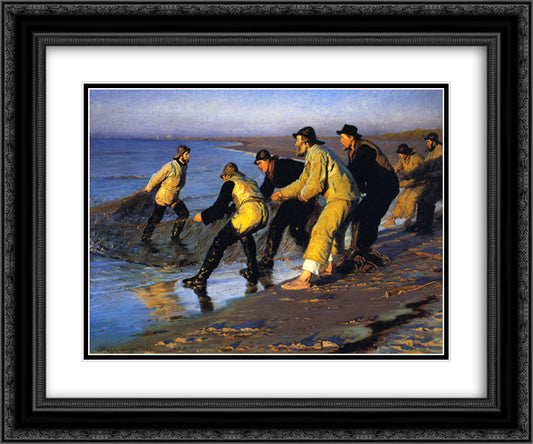 Fishermen Hauling the Net on Skagen's North Beach 24x20 Black Ornate Wood Framed Art Print Poster with Double Matting by Kroyer, Peder Severin