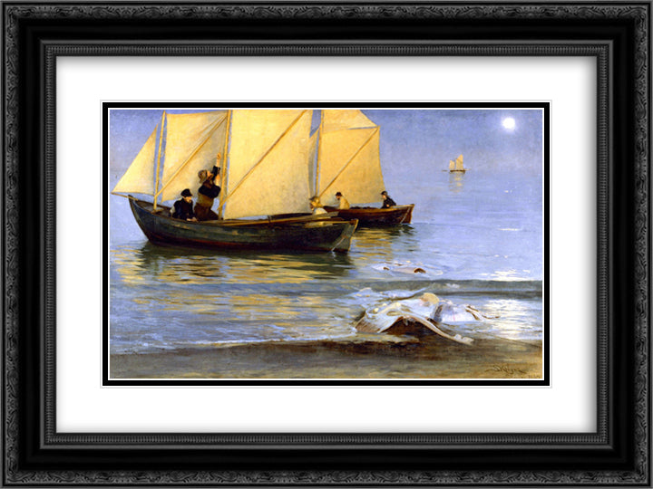 Fishing Boats 24x18 Black Ornate Wood Framed Art Print Poster with Double Matting by Kroyer, Peder Severin