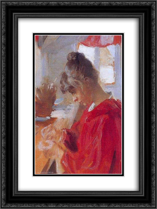 Marie in red dress 18x24 Black Ornate Wood Framed Art Print Poster with Double Matting by Kroyer, Peder Severin