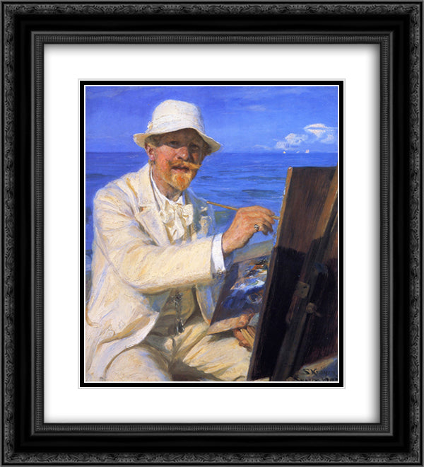 Self-Portrait, Sitting by His Easel at Skagen Beach 20x22 Black Ornate Wood Framed Art Print Poster with Double Matting by Kroyer, Peder Severin