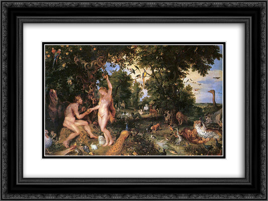 Adam and Eve in Worthy Paradise 24x18 Black Ornate Wood Framed Art Print Poster with Double Matting by Rubens, Peter Paul