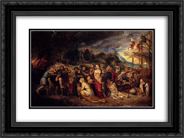 Aeneas And His Family Departing From Troy 24x18 Black Ornate Wood Framed Art Print Poster with Double Matting by Rubens, Peter Paul