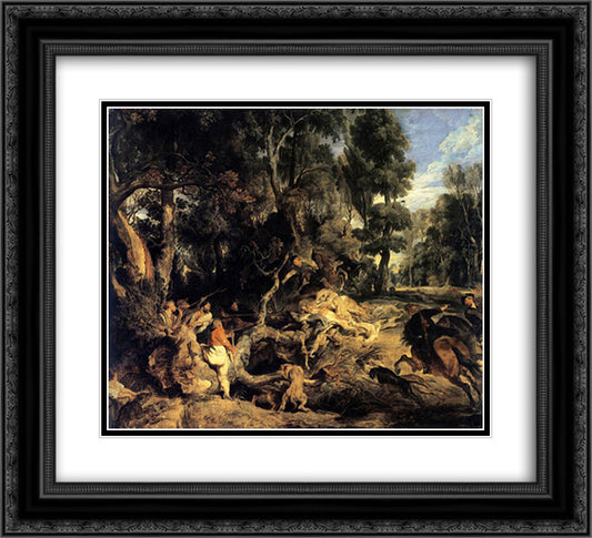 Boar Hunt 22x20 Black Ornate Wood Framed Art Print Poster with Double Matting by Rubens, Peter Paul