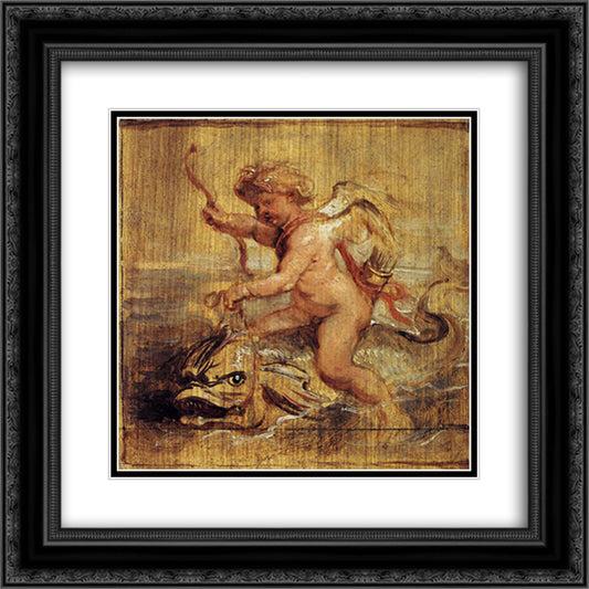 Cupid Riding a Dolphin 20x20 Black Ornate Wood Framed Art Print Poster with Double Matting by Rubens, Peter Paul