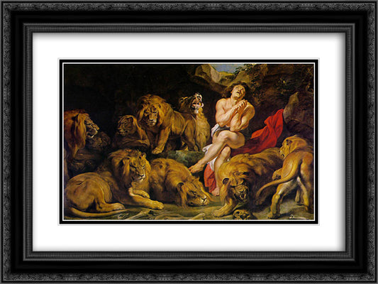 Daniel in the Lion's Den 24x18 Black Ornate Wood Framed Art Print Poster with Double Matting by Rubens, Peter Paul