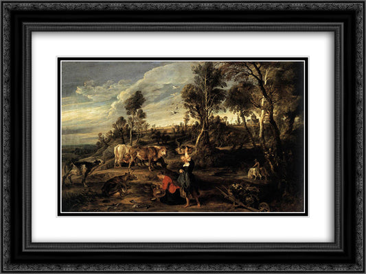 Farm at Laken 24x18 Black Ornate Wood Framed Art Print Poster with Double Matting by Rubens, Peter Paul