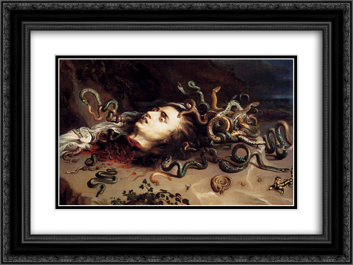 Head Of Medusa 24x18 Black Ornate Wood Framed Art Print Poster with Double Matting by Rubens, Peter Paul