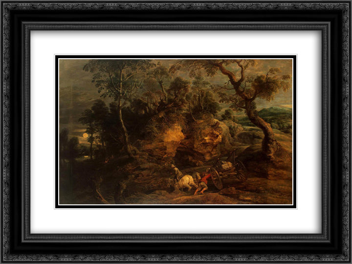 Landscape with Stone Carriers 24x18 Black Ornate Wood Framed Art Print Poster with Double Matting by Rubens, Peter Paul