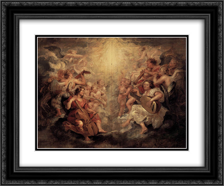 Music Making Angels 24x20 Black Ornate Wood Framed Art Print Poster with Double Matting by Rubens, Peter Paul