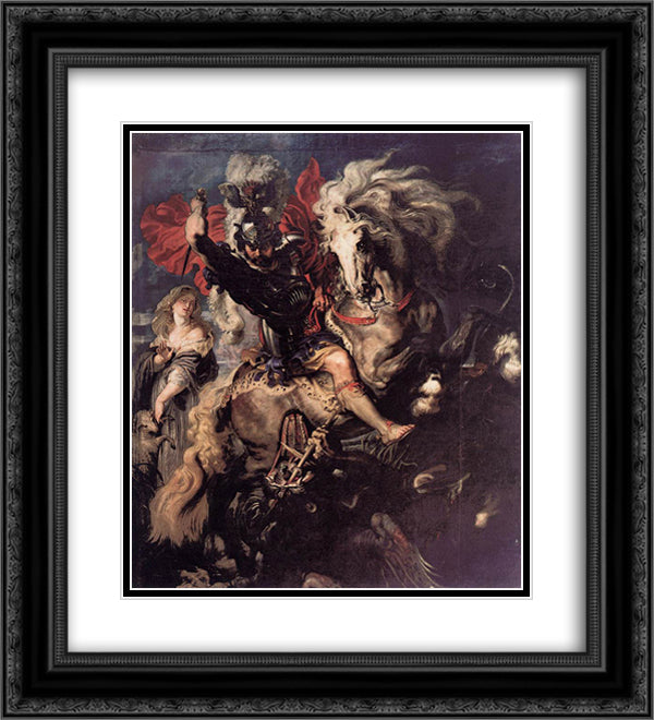 St. George and a Dragon 20x22 Black Ornate Wood Framed Art Print Poster with Double Matting by Rubens, Peter Paul