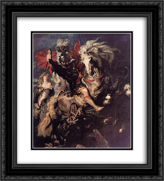 St. George and a Dragon 20x22 Black Ornate Wood Framed Art Print Poster with Double Matting by Rubens, Peter Paul