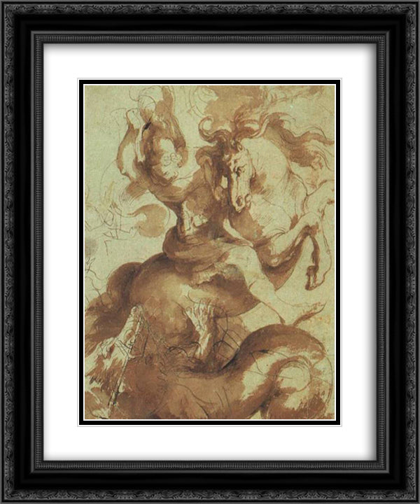 St. George Slaying the Dragon 20x24 Black Ornate Wood Framed Art Print Poster with Double Matting by Rubens, Peter Paul