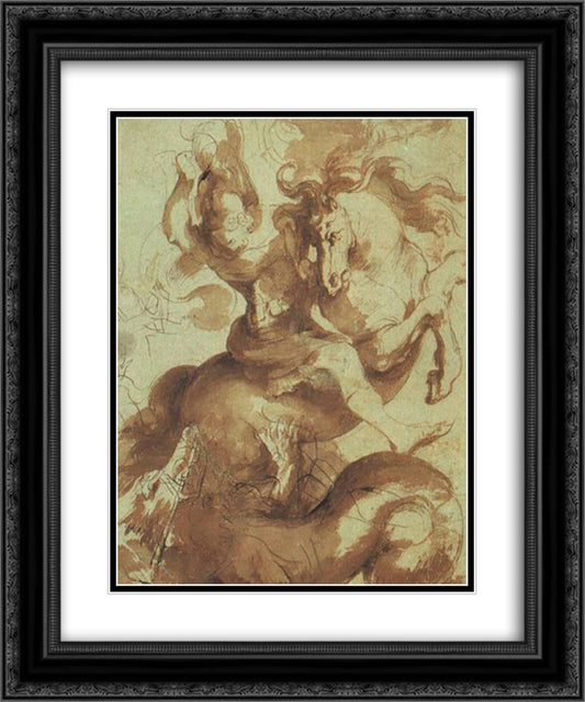 St. George Slaying the Dragon 20x24 Black Ornate Wood Framed Art Print Poster with Double Matting by Rubens, Peter Paul