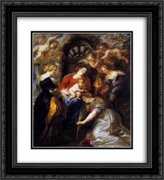 The Crowning of St. Catherine 20x22 Black Ornate Wood Framed Art Print Poster with Double Matting by Rubens, Peter Paul