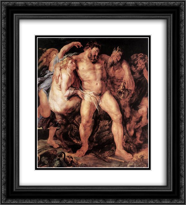 The Drunken Hercules 20x22 Black Ornate Wood Framed Art Print Poster with Double Matting by Rubens, Peter Paul