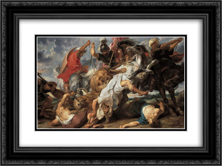 The Lion Hunt 24x18 Black Ornate Wood Framed Art Print Poster with Double Matting by Rubens, Peter Paul