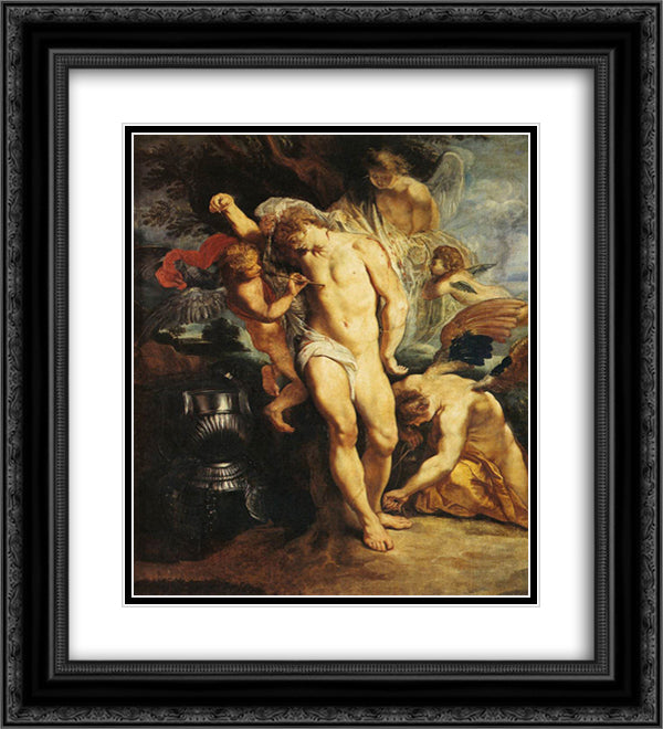 The Martyrdom of St. Sebastian 20x22 Black Ornate Wood Framed Art Print Poster with Double Matting by Rubens, Peter Paul