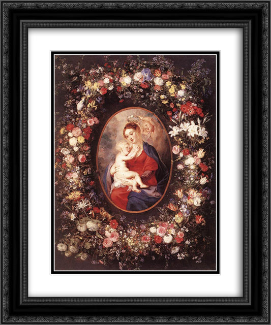 The Virgin and Child in a Garland of Flower 20x24 Black Ornate Wood Framed Art Print Poster with Double Matting by Rubens, Peter Paul