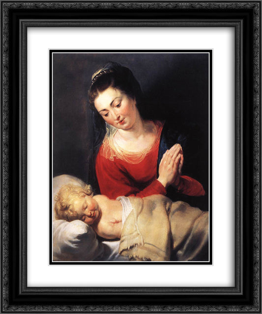 Virgin in Adoration before the Christ Child 20x24 Black Ornate Wood Framed Art Print Poster with Double Matting by Rubens, Peter Paul