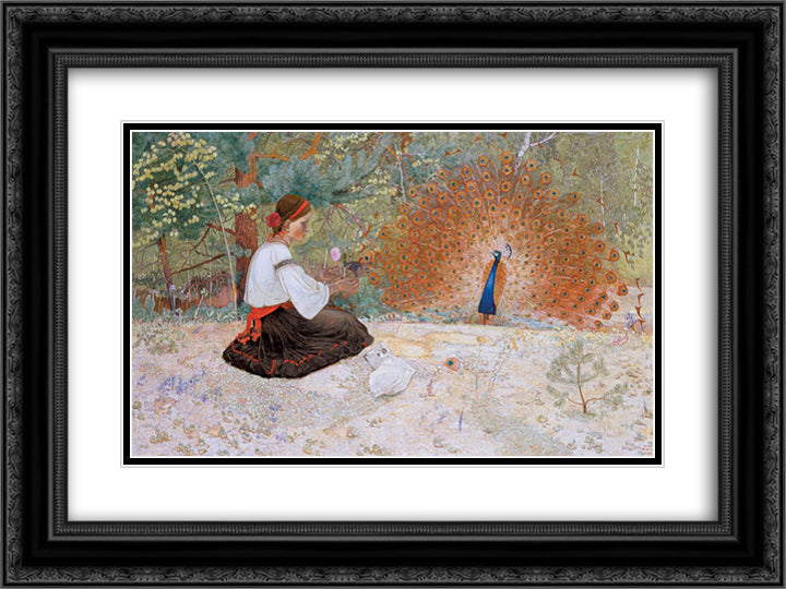 Tale of a Girl and a Peacock 24x18 Black Ornate Wood Framed Art Print Poster with Double Matting by Kholodny (Elder), Petro