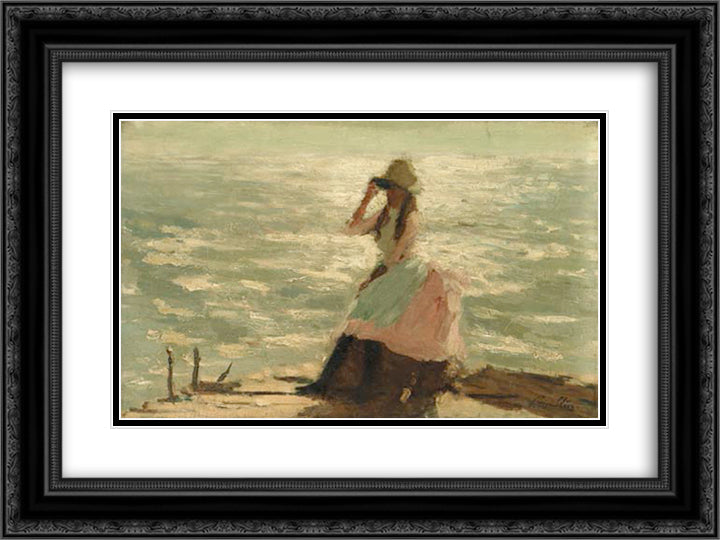 Girl Seated on a Pier 24x18 Black Ornate Wood Framed Art Print Poster with Double Matting by Steer, Philip Wilson