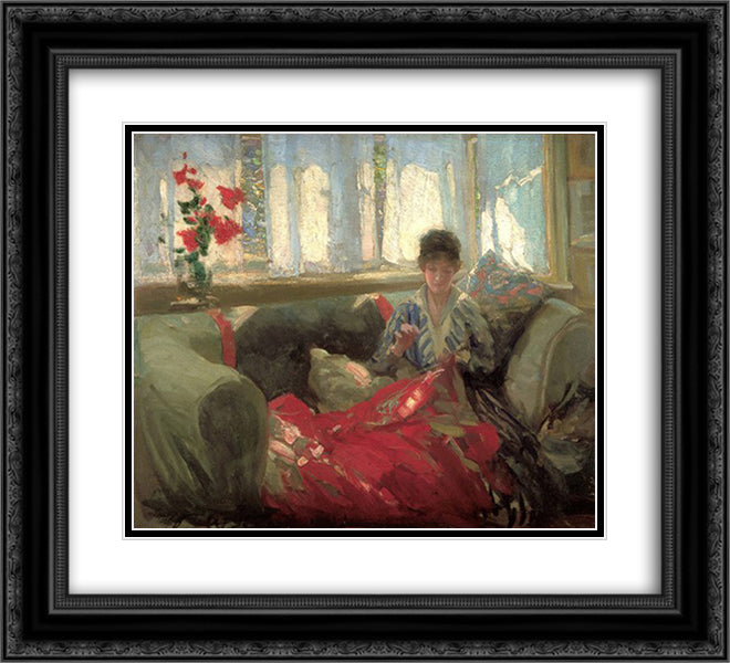 Woman Sewing 22x20 Black Ornate Wood Framed Art Print Poster with Double Matting by Steer, Philip Wilson