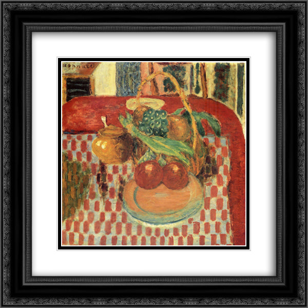 Basket and Plate of Fruit on a Red Checkered Tablecloth 20x20 Black Ornate Wood Framed Art Print Poster with Double Matting by Bonnard, Pierre