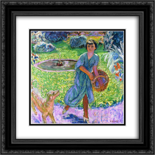 Girl Playing with a Dog (Vivette Terrasse) 20x20 Black Ornate Wood Framed Art Print Poster with Double Matting by Bonnard, Pierre