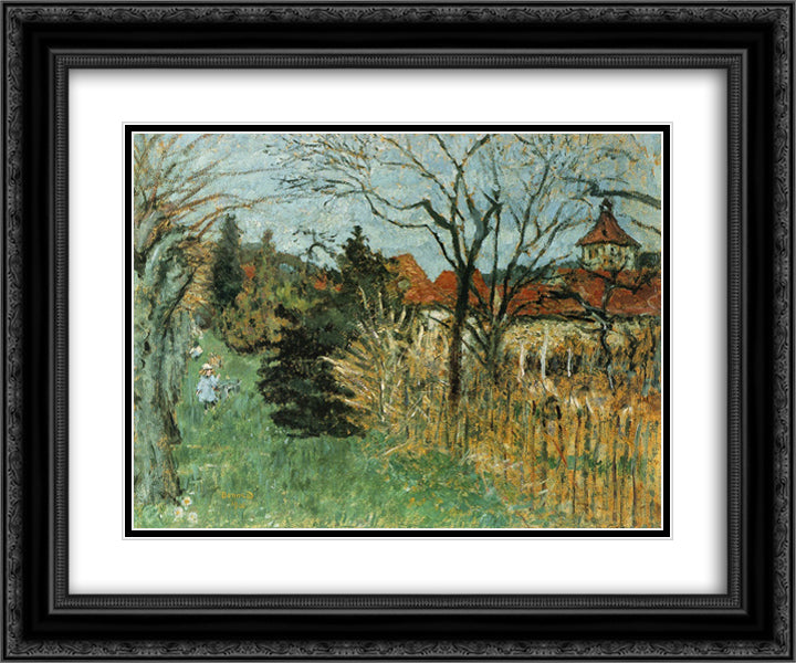 Girl with a Dog in the Park at Grand Lemps (also known as Dauphine) 24x20 Black Ornate Wood Framed Art Print Poster with Double Matting by Bonnard, Pierre