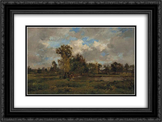 A Lake in a Clearing 24x18 Black Ornate Wood Framed Art Print Poster with Double Matting by Damoye, Pierre Emmanuel