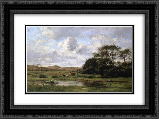 A Landscape with Cows 24x18 Black Ornate Wood Framed Art Print Poster with Double Matting by Damoye, Pierre Emmanuel