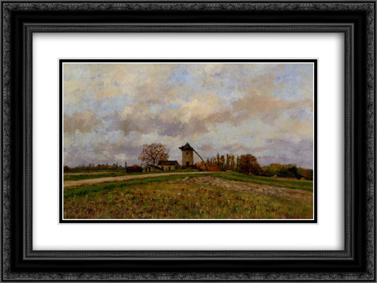 Paysage Au Moulin 24x18 Black Ornate Wood Framed Art Print Poster with Double Matting by Damoye, Pierre Emmanuel