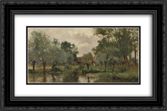 The village pond 24x16 Black Ornate Wood Framed Art Print Poster with Double Matting by Damoye, Pierre Emmanuel