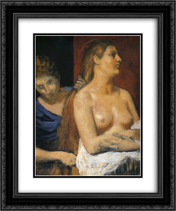 A Maid Combing a Woman's Hair 20x24 Black Ornate Wood Framed Art Print Poster with Double Matting by Puvis de Chavannes, Pierre