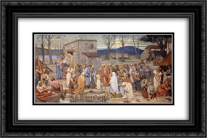 The Childhood of Saint Genevieve 24x16 Black Ornate Wood Framed Art Print Poster with Double Matting by Puvis de Chavannes, Pierre