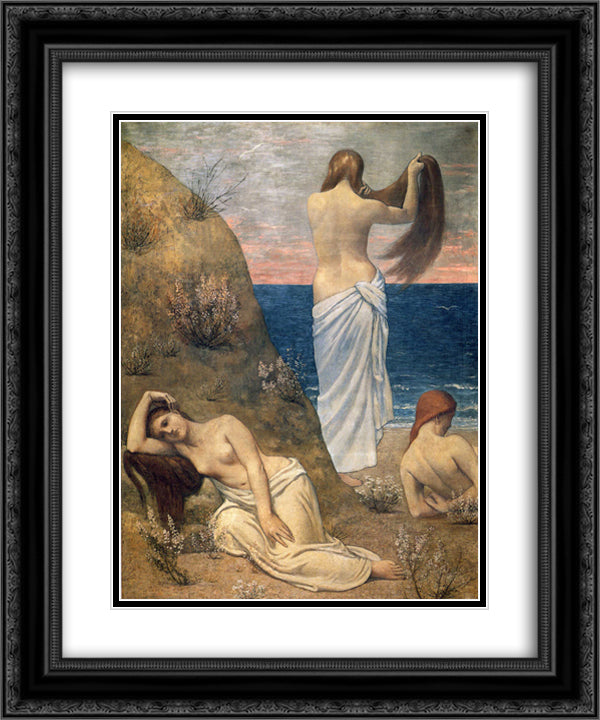 Young Girls on the Edge of the Sea 20x24 Black Ornate Wood Framed Art Print Poster with Double Matting by Puvis de Chavannes, Pierre