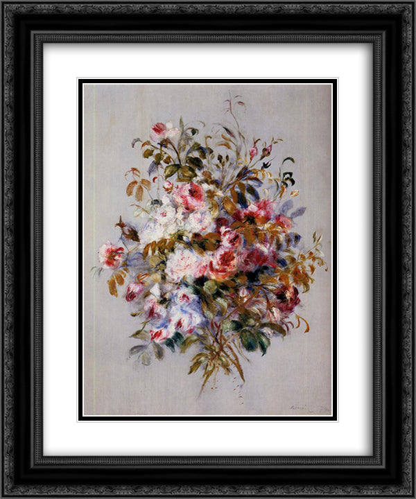 A Bouquet of Roses 20x24 Black Ornate Wood Framed Art Print Poster with Double Matting by Renoir, Pierre Auguste