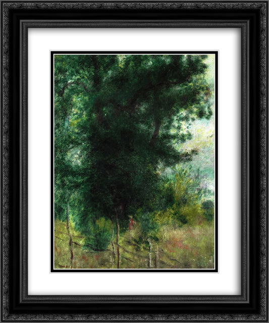 A Fence in the Forest 20x24 Black Ornate Wood Framed Art Print Poster with Double Matting by Renoir, Pierre Auguste