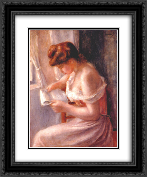 A girl reading 20x24 Black Ornate Wood Framed Art Print Poster with Double Matting by Renoir, Pierre Auguste