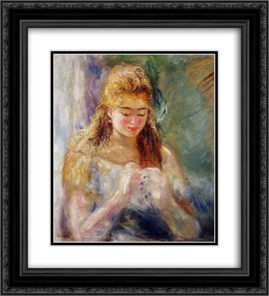 A Needlewoman 20x22 Black Ornate Wood Framed Art Print Poster with Double Matting by Renoir, Pierre Auguste