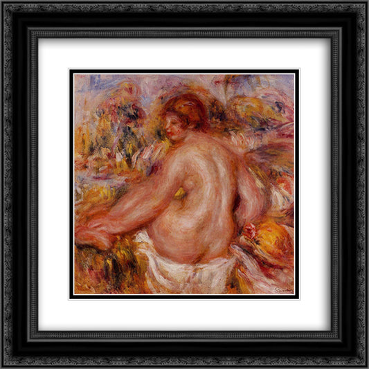 After Bathing, Seated Female Nude 20x20 Black Ornate Wood Framed Art Print Poster with Double Matting by Renoir, Pierre Auguste