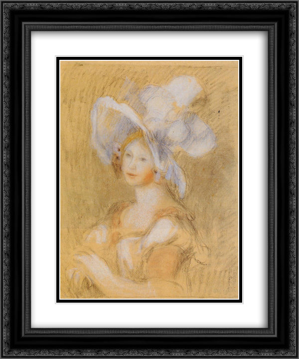 Amelie Dieterie in a White Hat 20x24 Black Ornate Wood Framed Art Print Poster with Double Matting by Renoir, Pierre Auguste