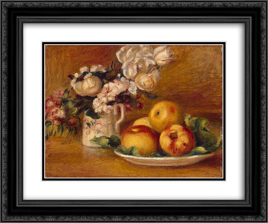 Apples and Flowers 24x20 Black Ornate Wood Framed Art Print Poster with Double Matting by Renoir, Pierre Auguste