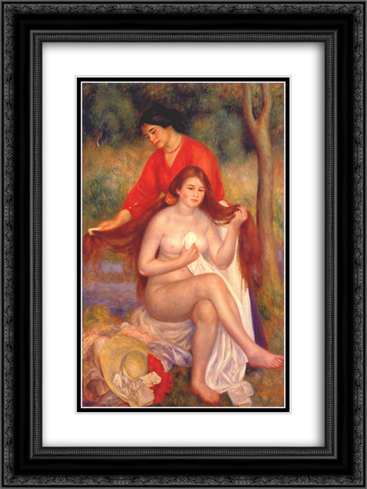 Bather and maid (The Toilet) 18x24 Black Ornate Wood Framed Art Print Poster with Double Matting by Renoir, Pierre Auguste