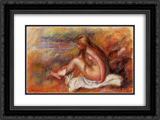 Bather Seated by the Sea 24x18 Black Ornate Wood Framed Art Print Poster with Double Matting by Renoir, Pierre Auguste