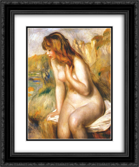 Bather seated on a rock 20x24 Black Ornate Wood Framed Art Print Poster with Double Matting by Renoir, Pierre Auguste