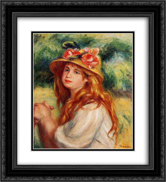 Blond in a Straw Hat(Seated Girl) 20x22 Black Ornate Wood Framed Art Print Poster with Double Matting by Renoir, Pierre Auguste