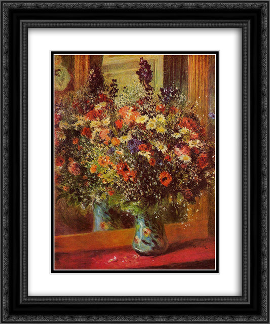 Bouquet in front of a Mirror 20x24 Black Ornate Wood Framed Art Print Poster with Double Matting by Renoir, Pierre Auguste